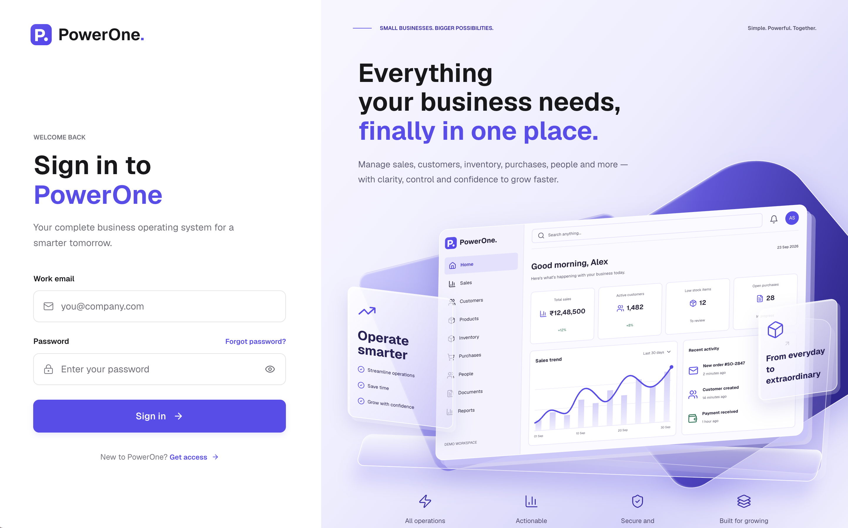 The PowerOne sign-in screen: a clean white sign-in panel beside an indigo and lavender panel previewing the PowerOne application.